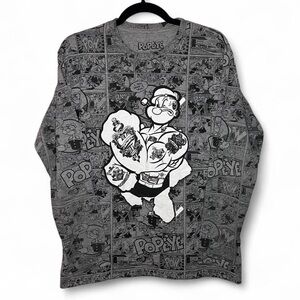 Vintage Popeye Comic Long Sleeve Shirt | Graphic Tee Size L Gray Black